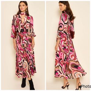 RIXO Marigold Silk Midi Dress Marble Pink Size 6